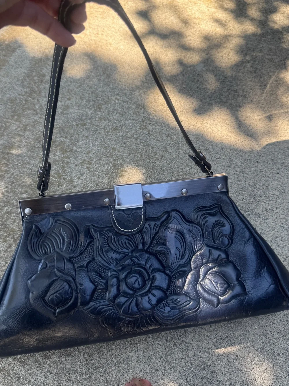 Patricia Nash RARE Black Floral Tooled Leather Shoulder Bag